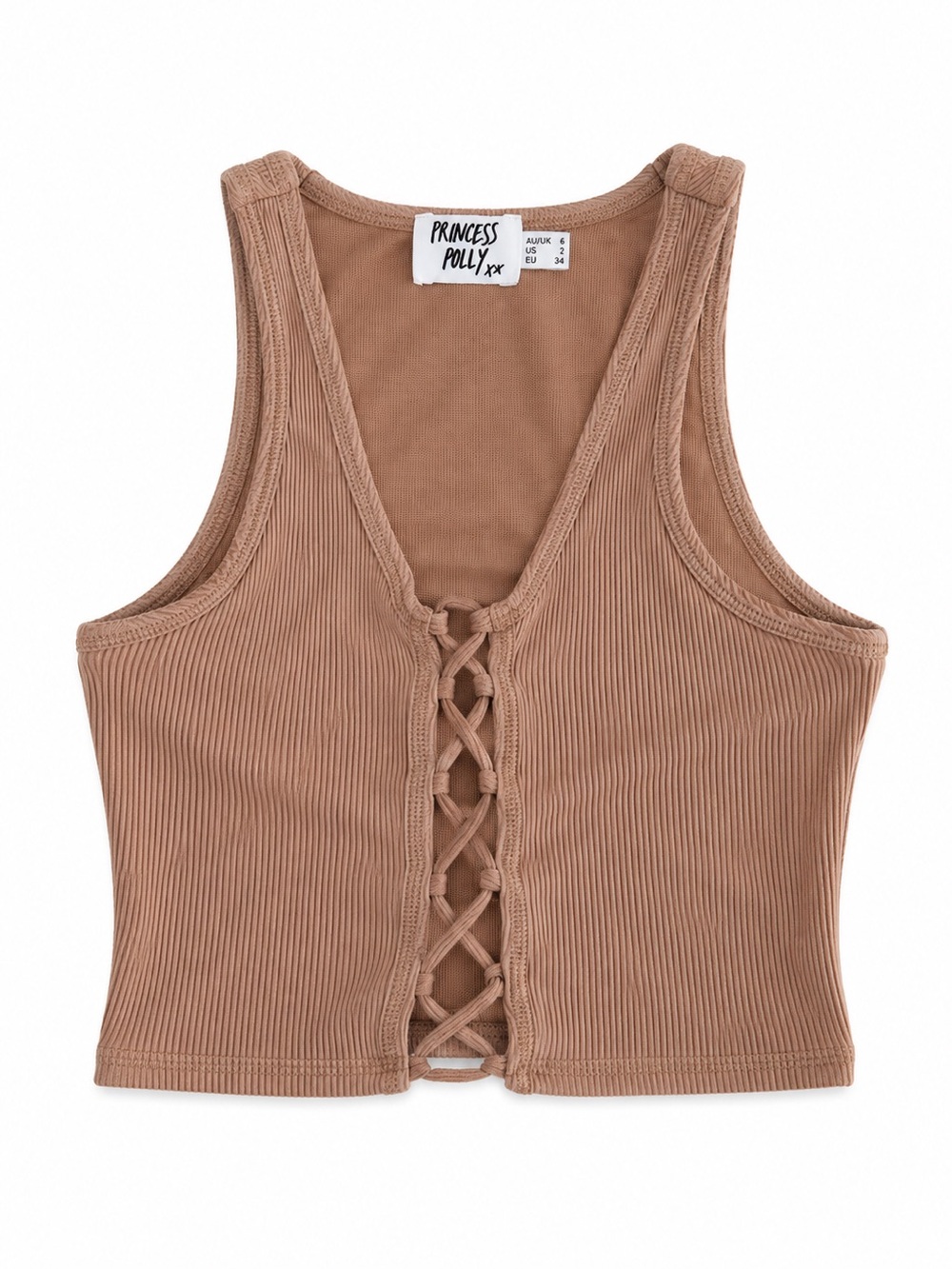 Princess Polly Mauve-Tan Ribbed Lace-Up Crop Top
